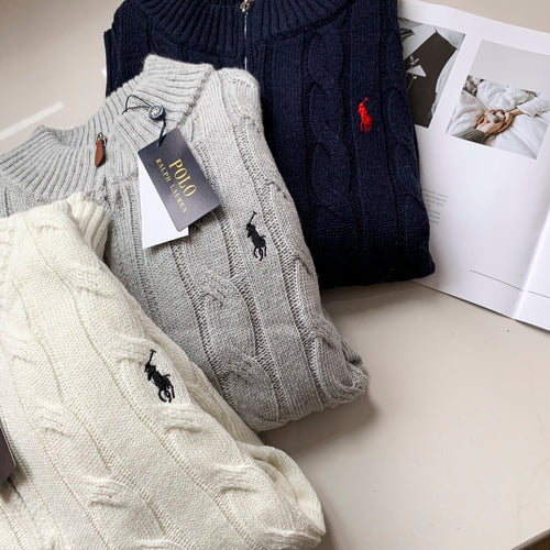 "Navy" Cable-Knit Cotton Quarter-Zip Sweater