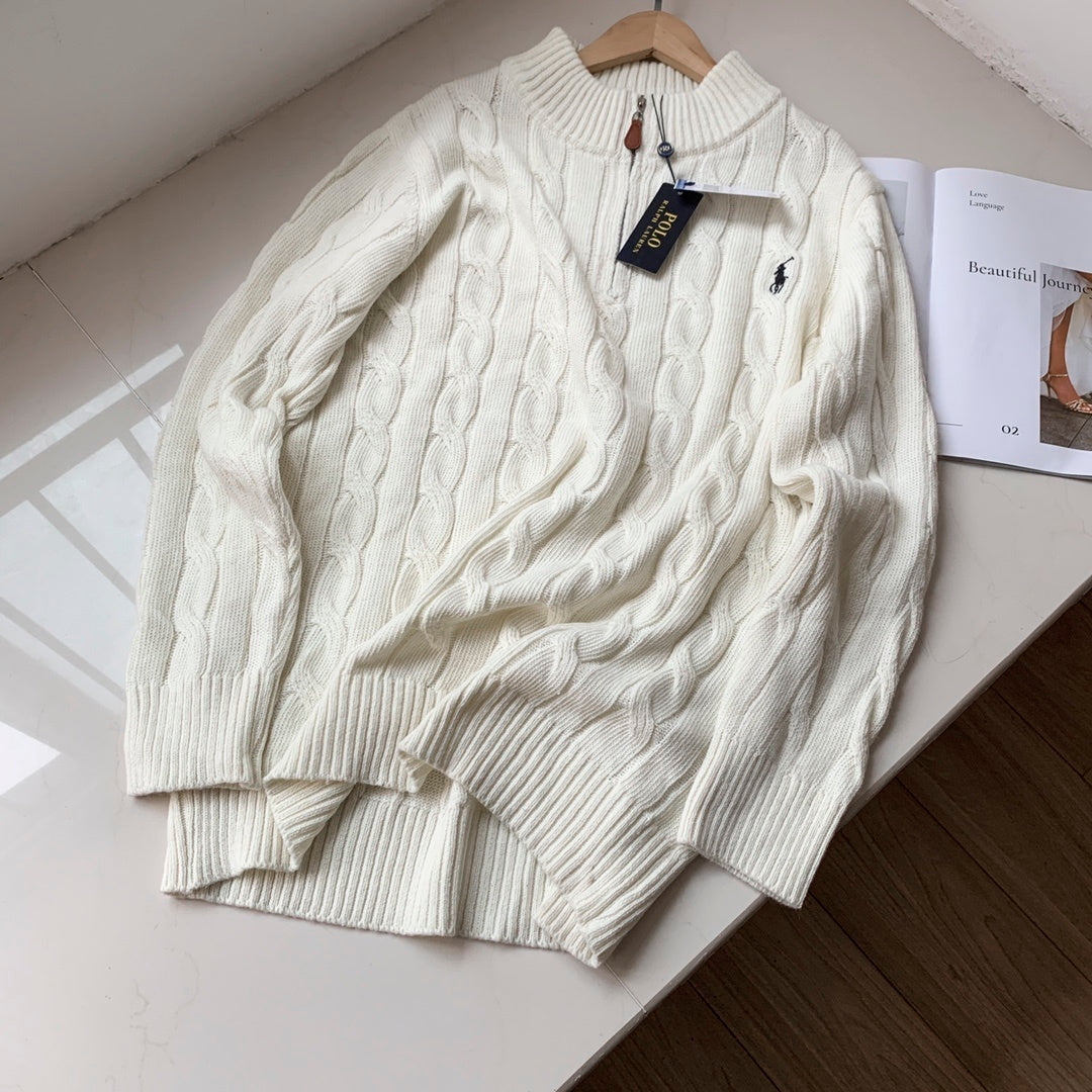 "Andover Cream" Cable-Knit Cotton Quarter-Zip Sweater