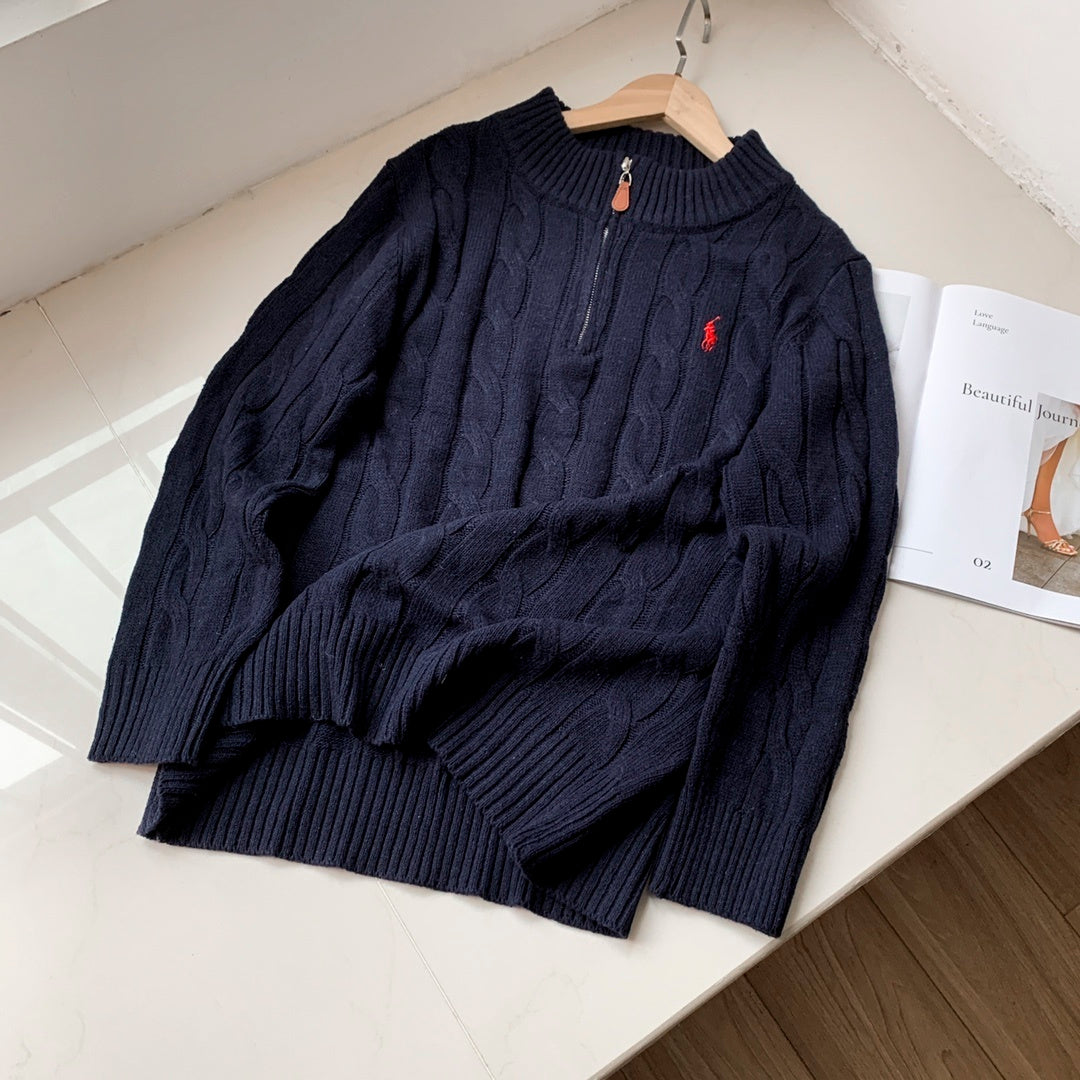"Navy" Cable-Knit Cotton Quarter-Zip Sweater